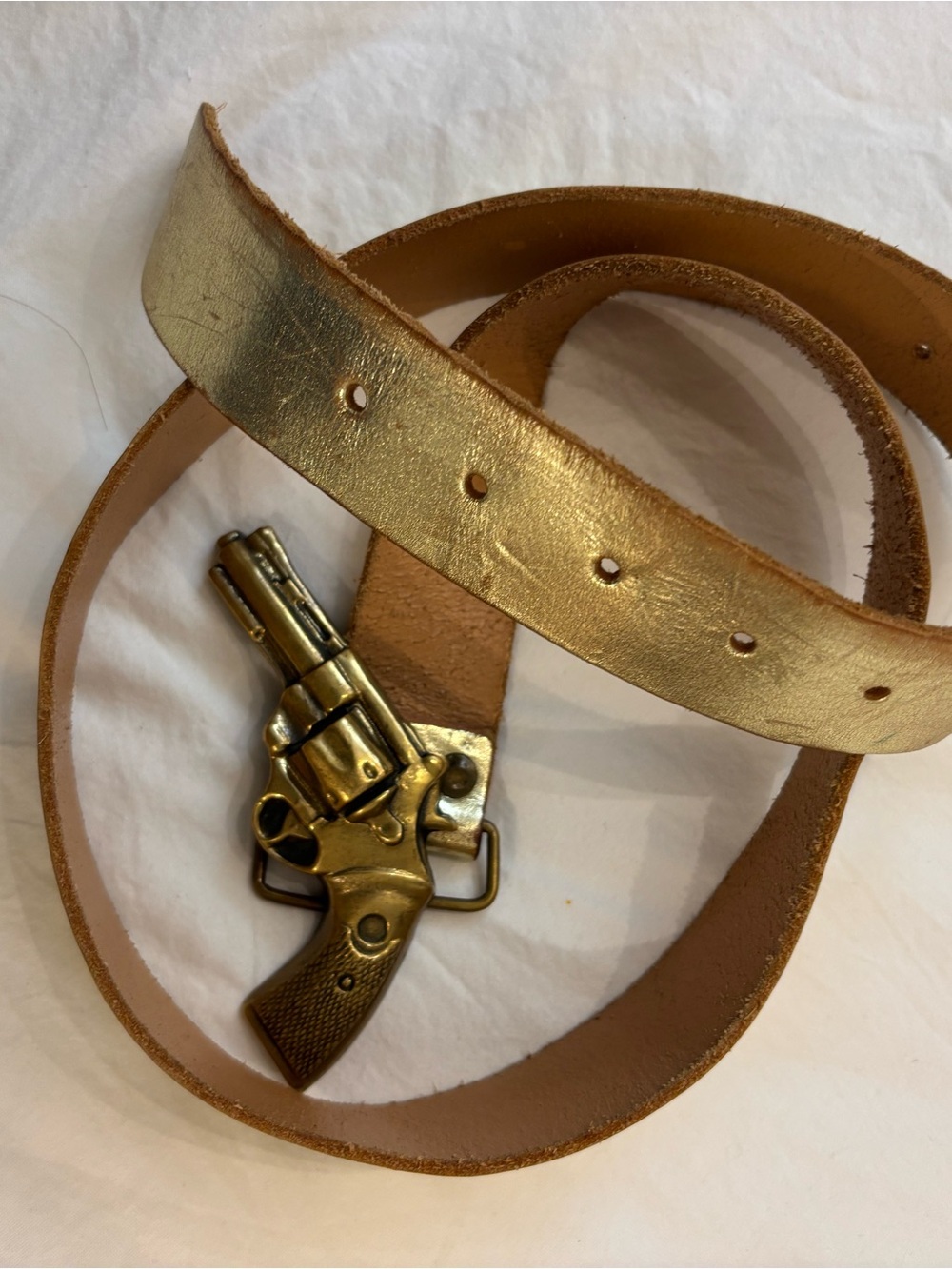 Gold Leather Belt with Decorative Revolver Buckle